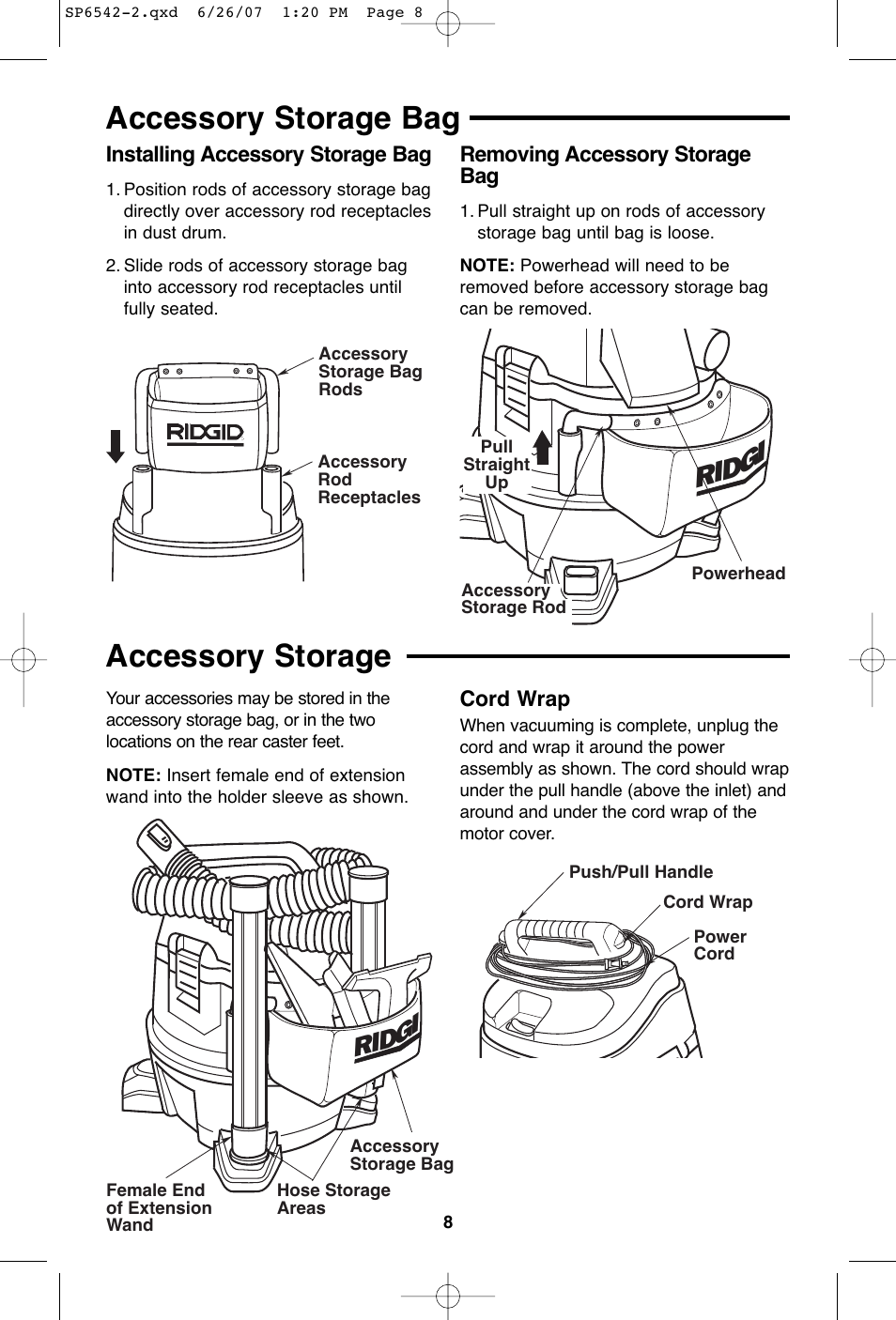 Accessory storage bag, Accessory storage, Rid g i | RIDGID WD1450 User Manual | Page 8 / 36
