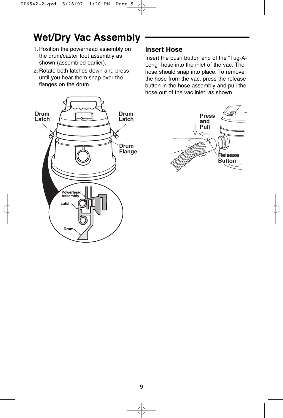 Wet/dry vac assembly, Insert hose | RIDGID WD1450 User Manual | Page 9 / 36