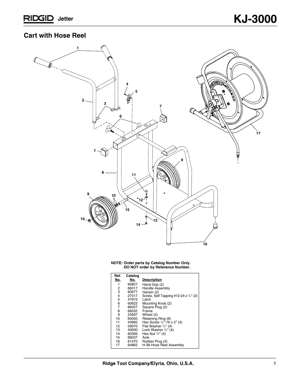 Kj-3000, Cart with hose reel, Jetter | Ridge tool company/elyria, ohio, u.s.a | RIDGID KJ-3000 User Manual | Page 3 / 8