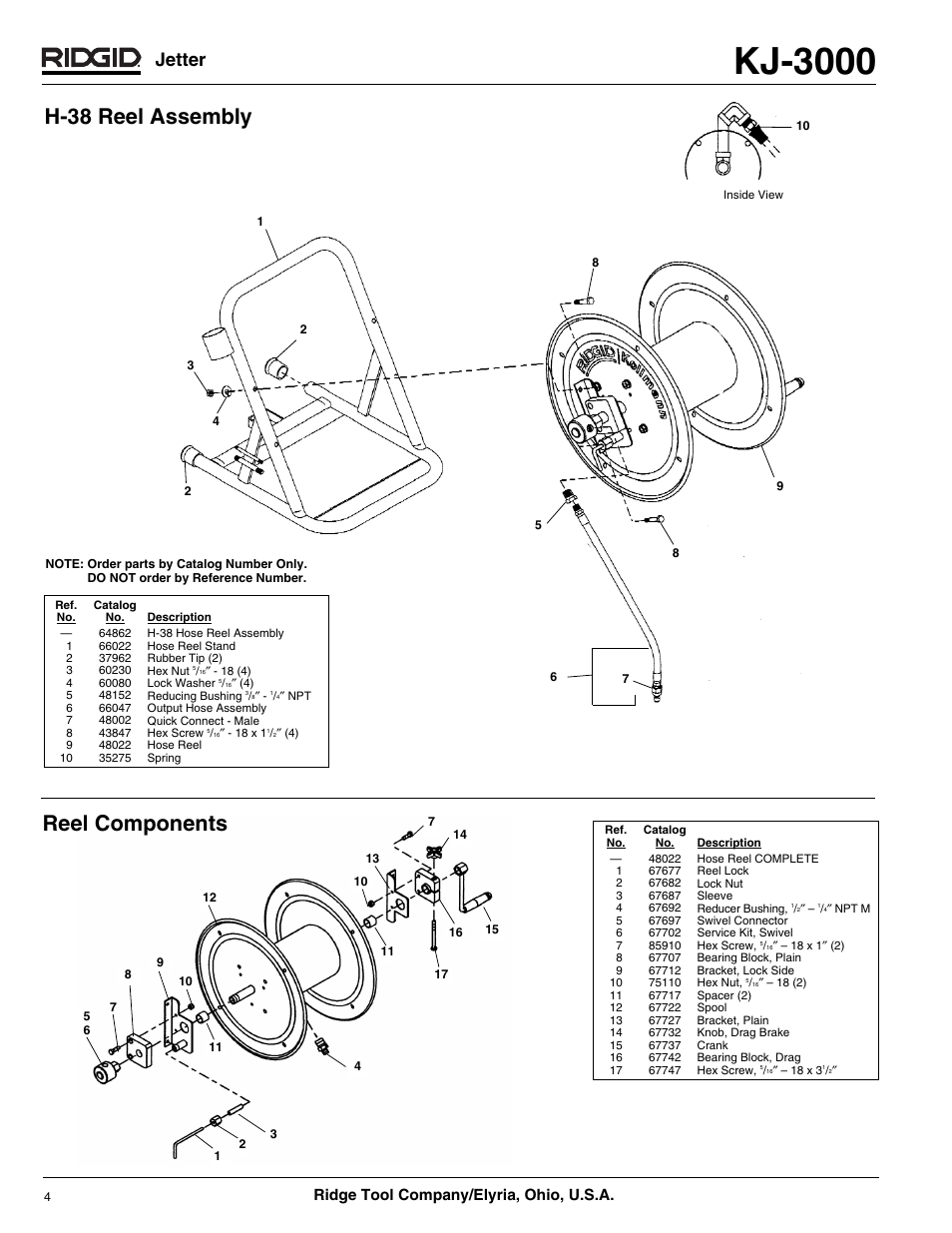 Kj-3000, H-38 reel assembly, Reel components | Jetter, Ridge tool company/elyria, ohio, u.s.a | RIDGID KJ-3000 User Manual | Page 4 / 8