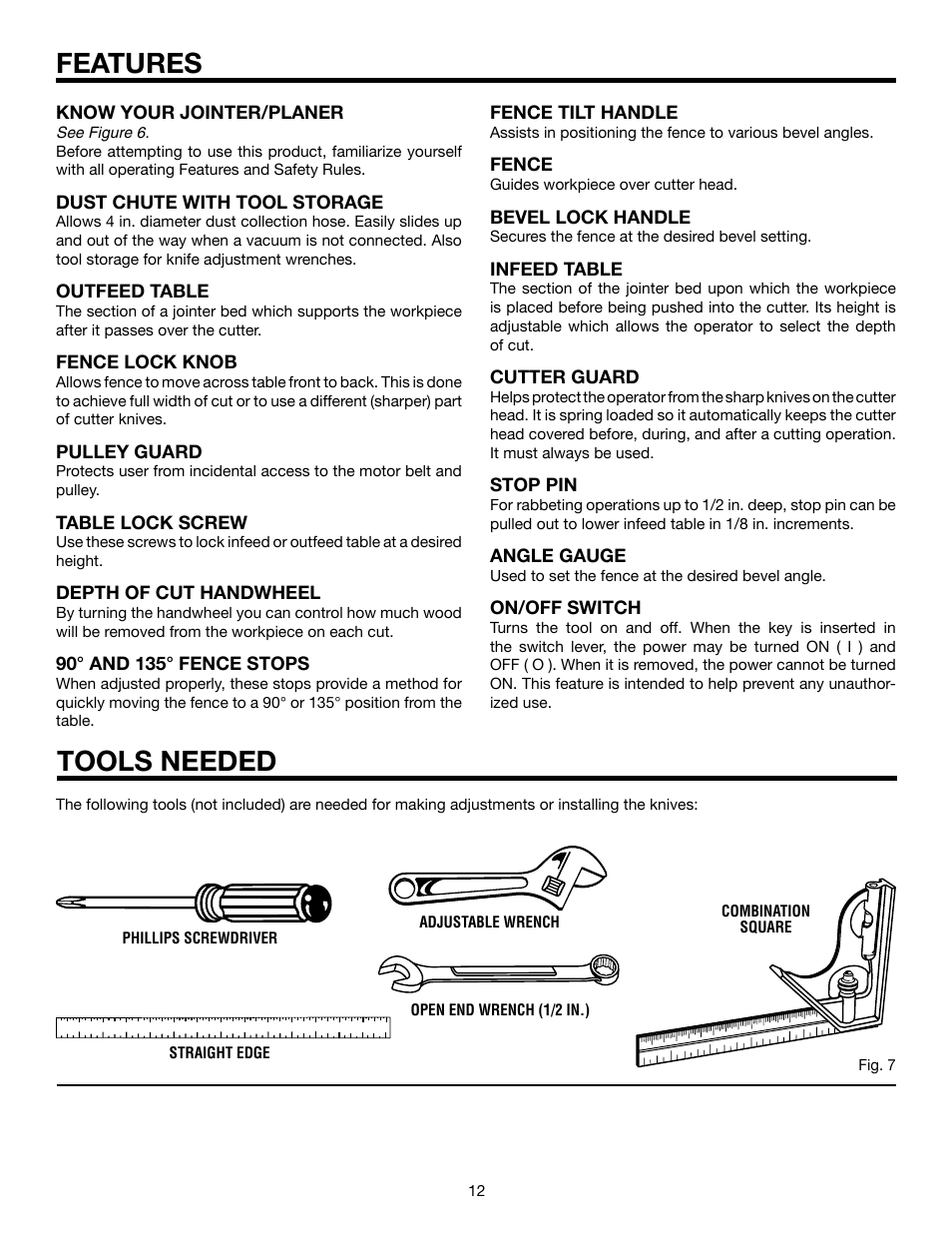 Features tools needed | RIDGID JP06101 User Manual | Page 12 / 40