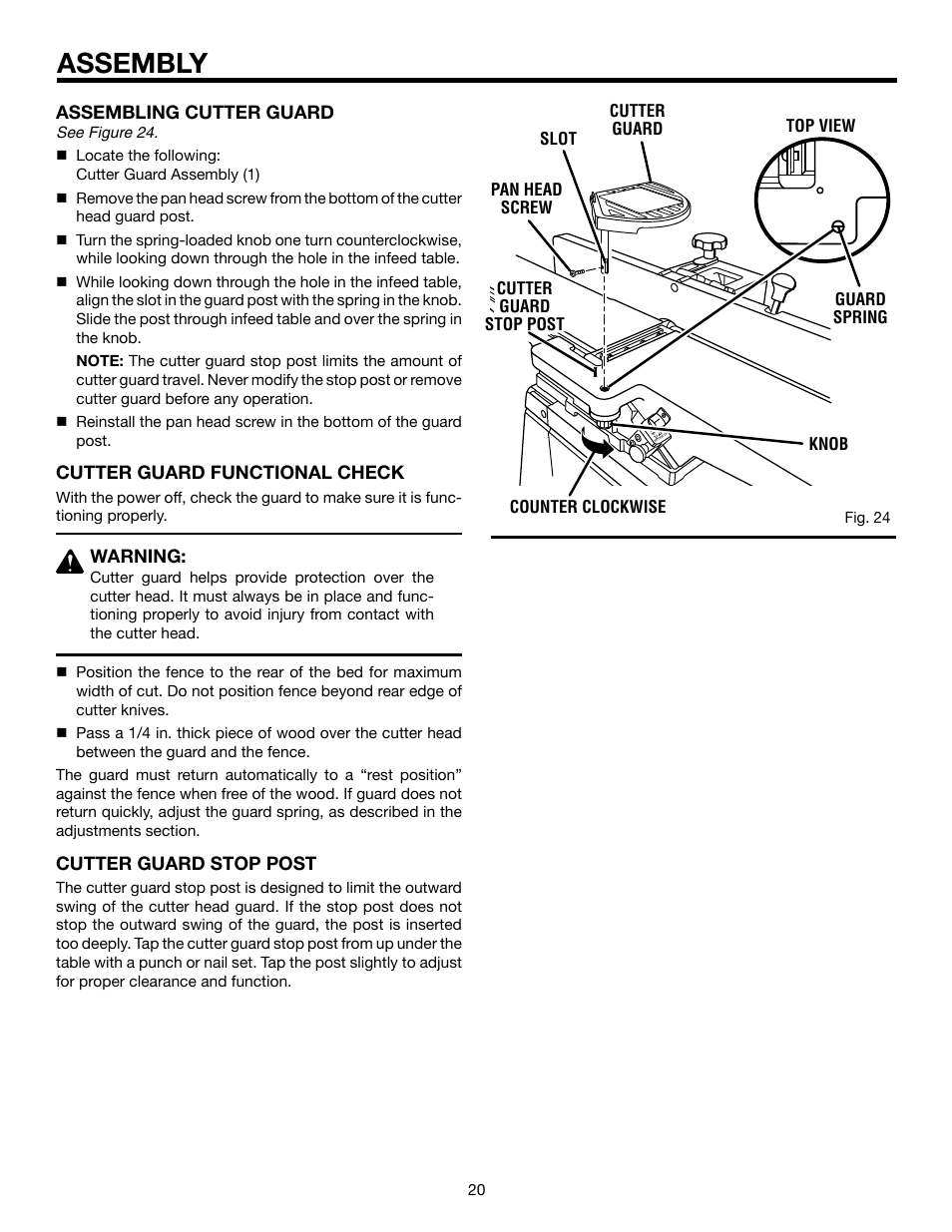 Assembly, Assembling cutter guard, Cutter guard functional check | Warning, Cutter guard stop post | RIDGID JP06101 User Manual | Page 20 / 40