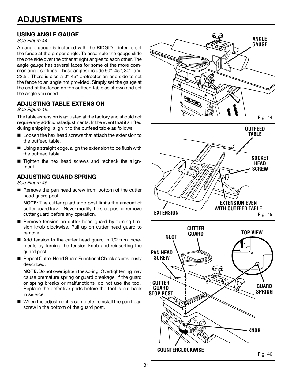 Adjustments, Using angle gauge, Adjusting table extension | Adjusting guard spring | RIDGID JP06101 User Manual | Page 31 / 40