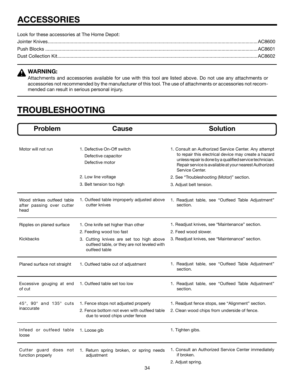 Accessories, Troubleshooting, Problem cause solution | RIDGID JP06101 User Manual | Page 34 / 40