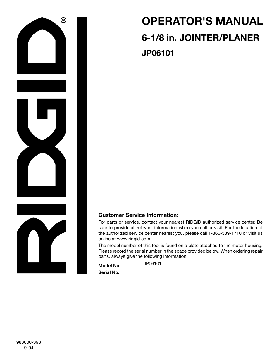 Operator's manual, 1/8 in. jointer/planer | RIDGID JP06101 User Manual | Page 40 / 40