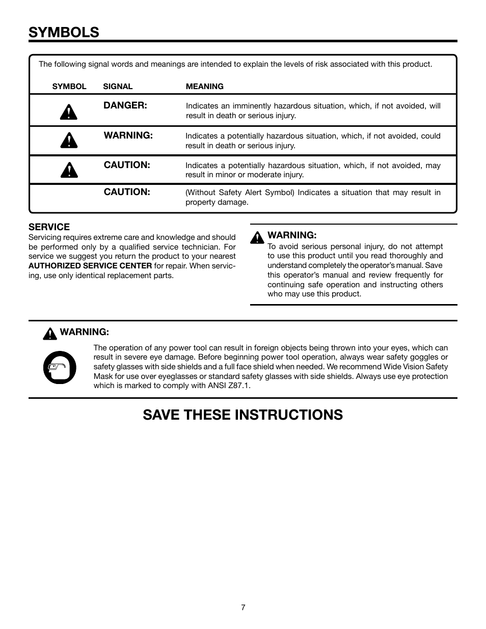 Save these instructions, Symbols | RIDGID JP06101 User Manual | Page 7 / 40