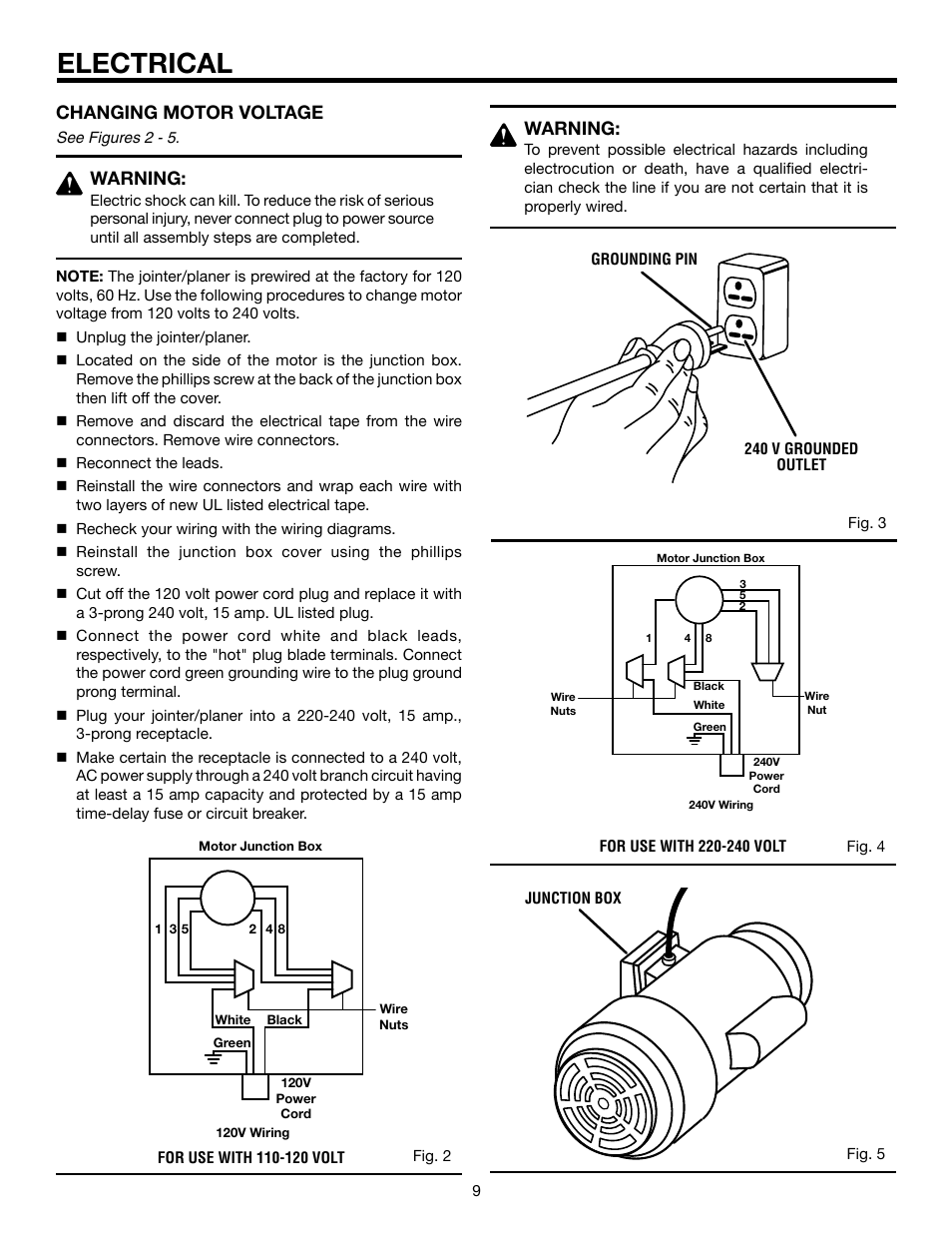 Electrical, Changing motor voltage, Warning | RIDGID JP06101 User Manual | Page 9 / 40