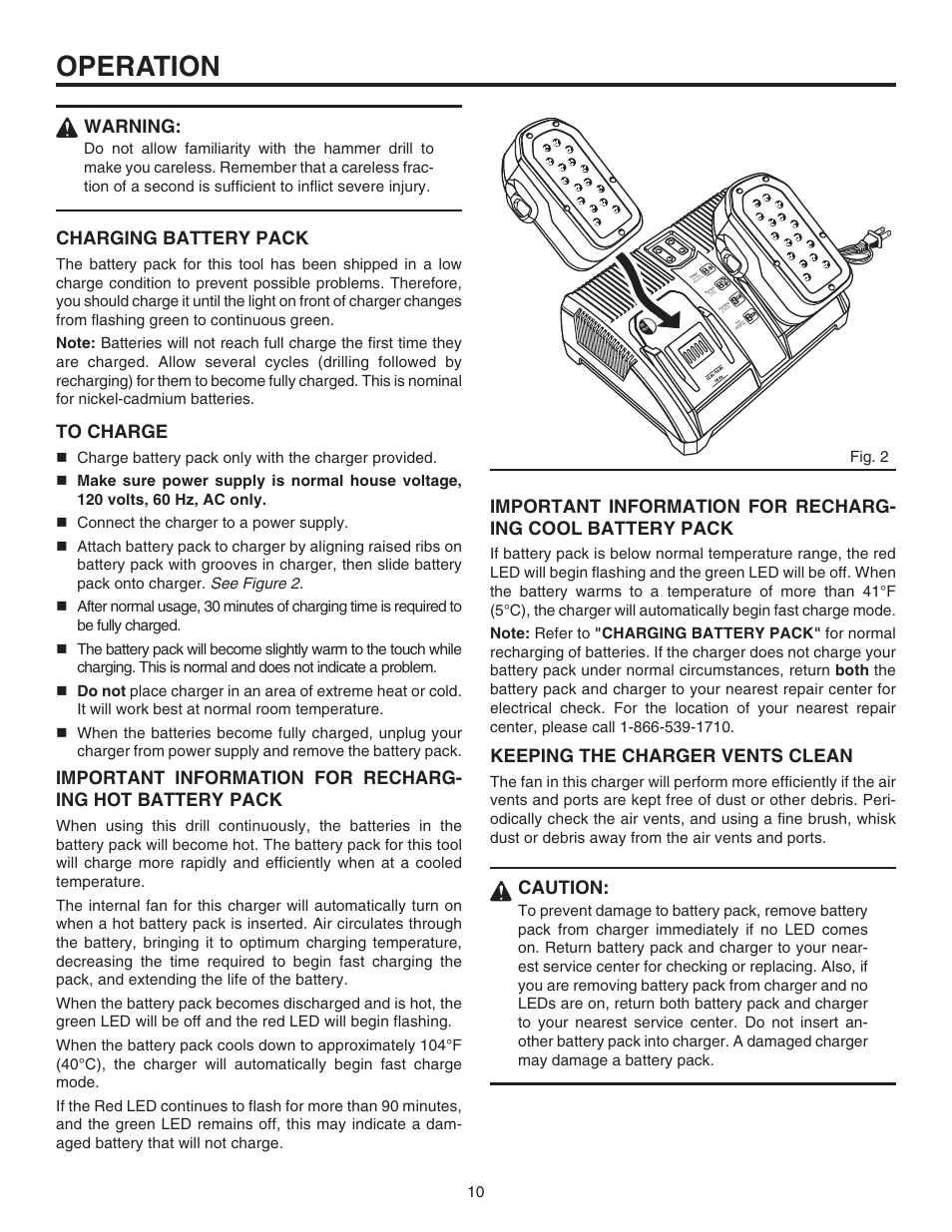 Operation, Warning, Charging battery pack | Keeping the charger vents clean, Caution, Fig. 2 | RIDGID R841151 User Manual | Page 10 / 22