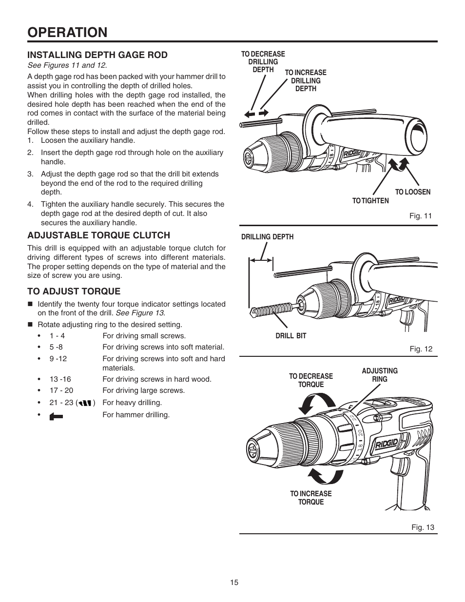 Operation, Installing depth gage rod, Adjustable torque clutch | RIDGID R841151 User Manual | Page 15 / 22