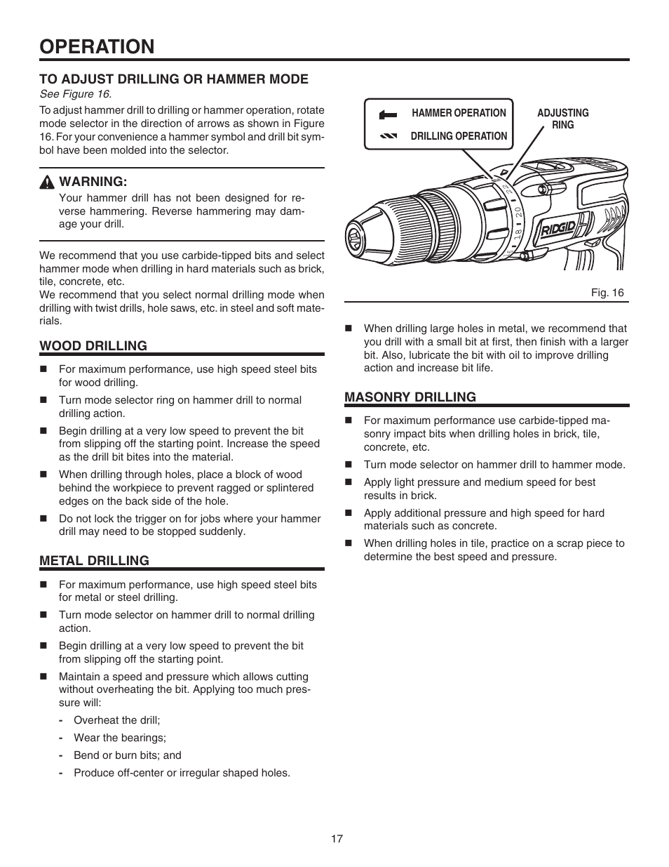 Operation | RIDGID R841151 User Manual | Page 17 / 22