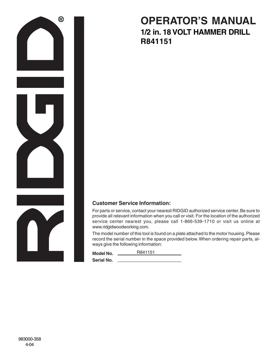 Operator’s manual | RIDGID R841151 User Manual | Page 22 / 22