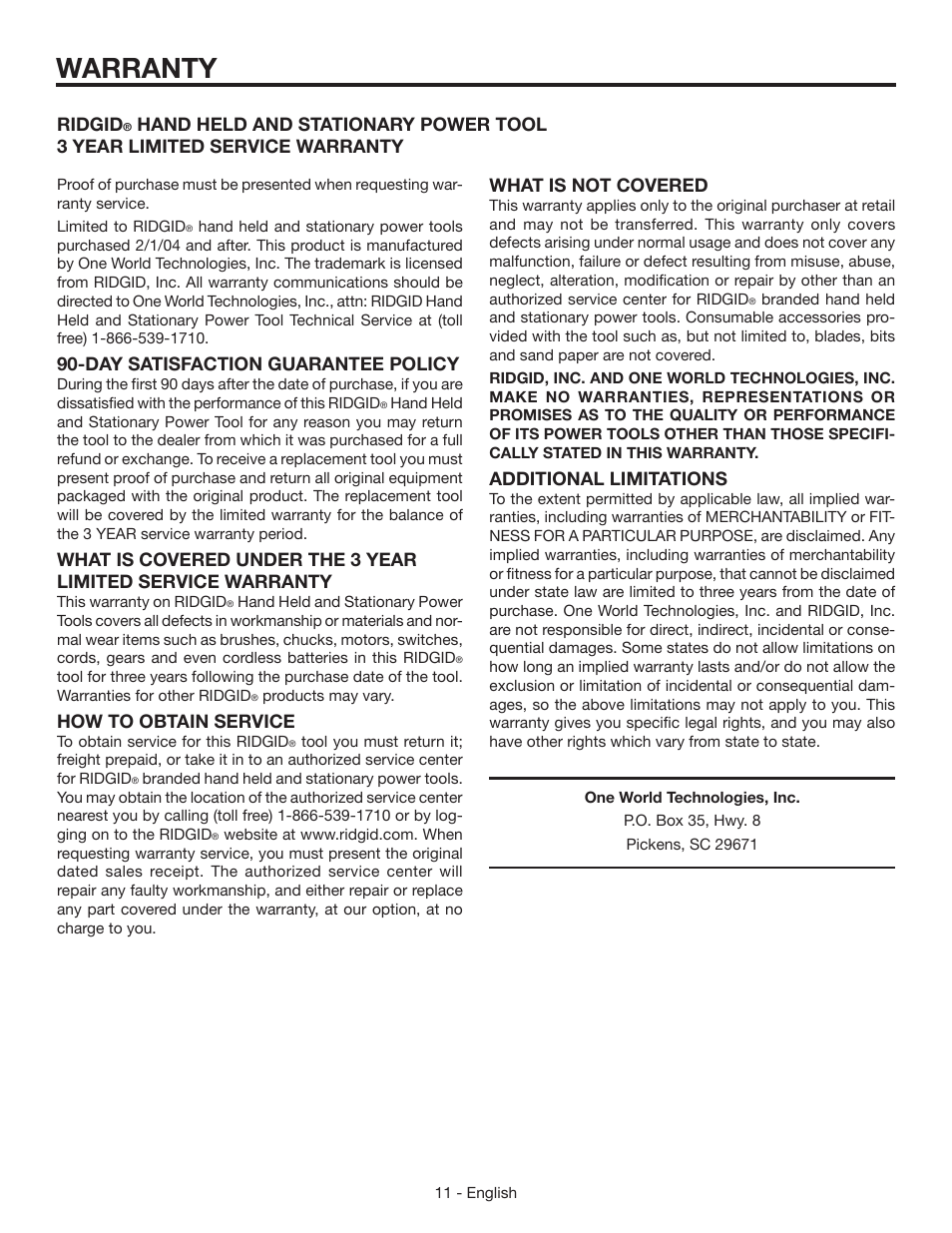 Warranty, Day satisfaction guarantee policy, How to obtain service | Ridgid, Additional limitations | RIDGID R86007 User Manual | Page 11 / 32