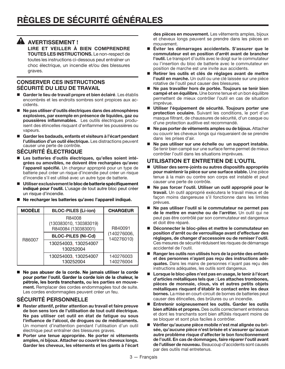 Règles de sécurité générales, Avertissement, Sécurité électrique | Utilisation et entretien de l’outil, Sécurité personnelle | RIDGID R86007 User Manual | Page 12 / 32