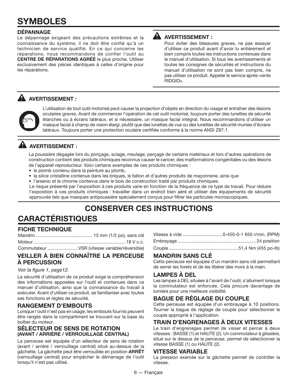 Symboles, Caractéristiques, Conserver ces instructions | RIDGID R86007 User Manual | Page 15 / 32