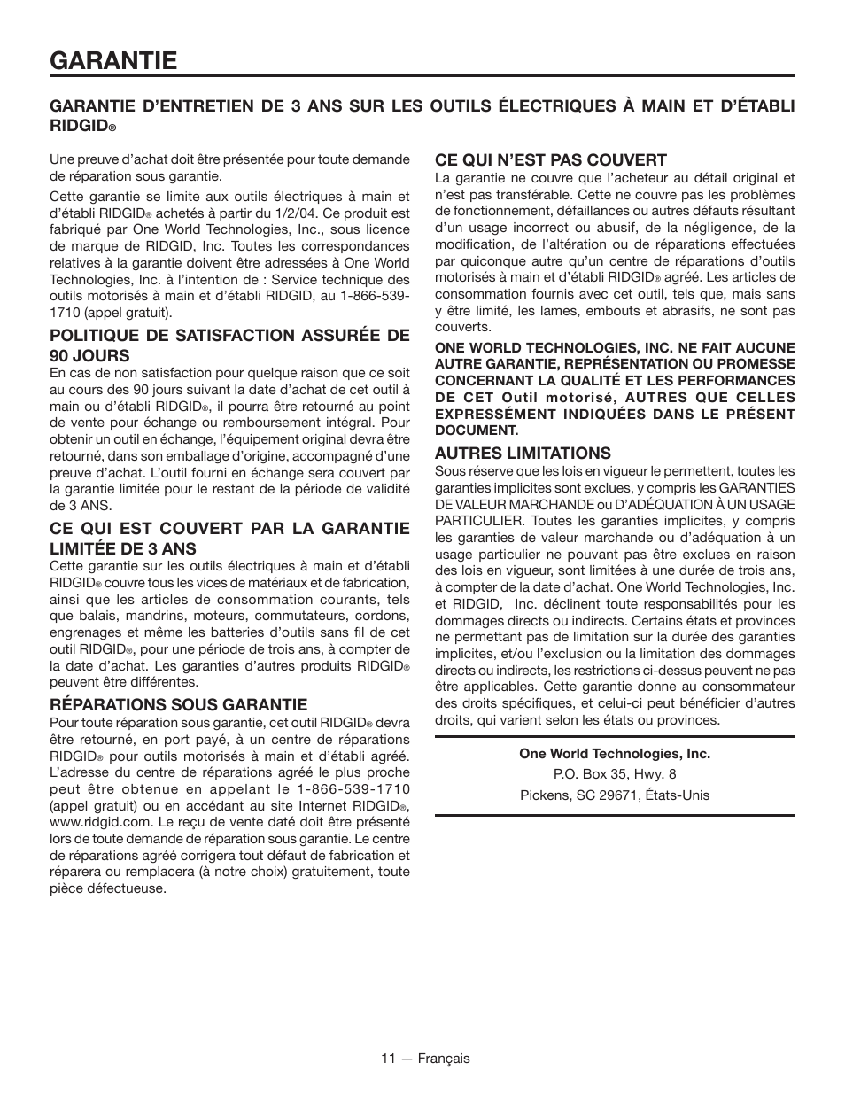 Garantie, Politique de satisfaction assurée de 90 jours, Réparations sous garantie | Ce qui n’est pas couvert, Autres limitations | RIDGID R86007 User Manual | Page 20 / 32