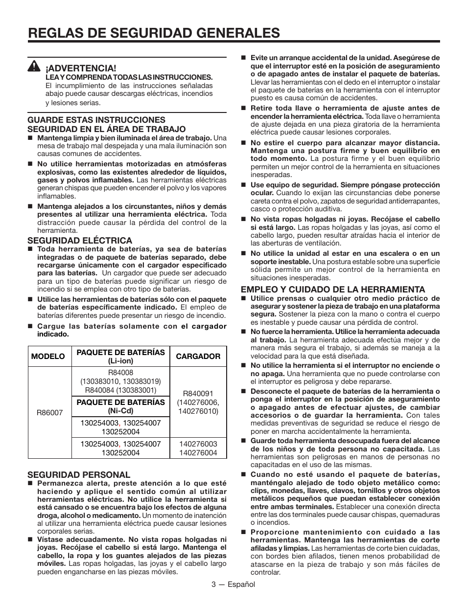 Reglas de seguridad generales, Advertencia | RIDGID R86007 User Manual | Page 21 / 32