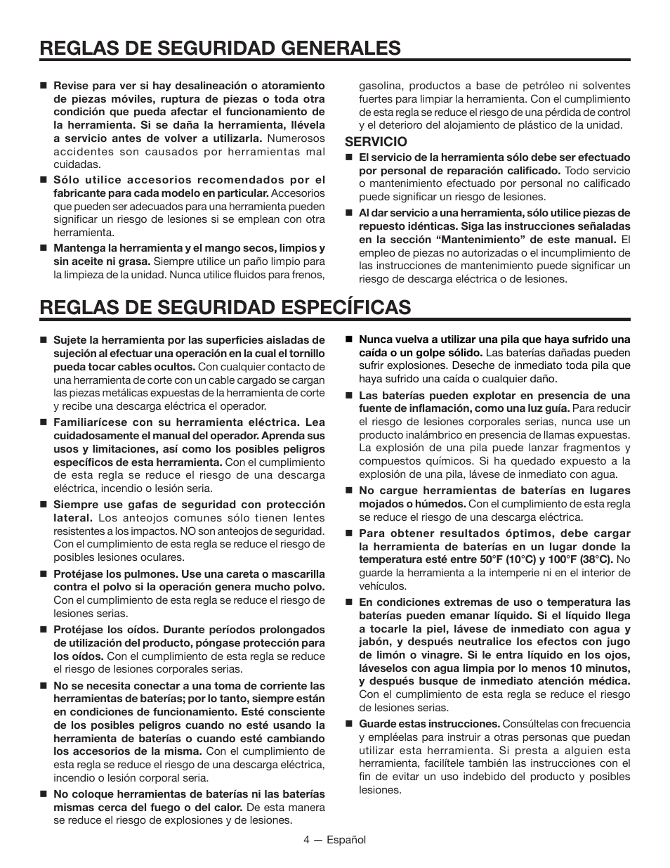 Reglas de seguridad generales, Reglas de seguridad específicas | RIDGID R86007 User Manual | Page 22 / 32