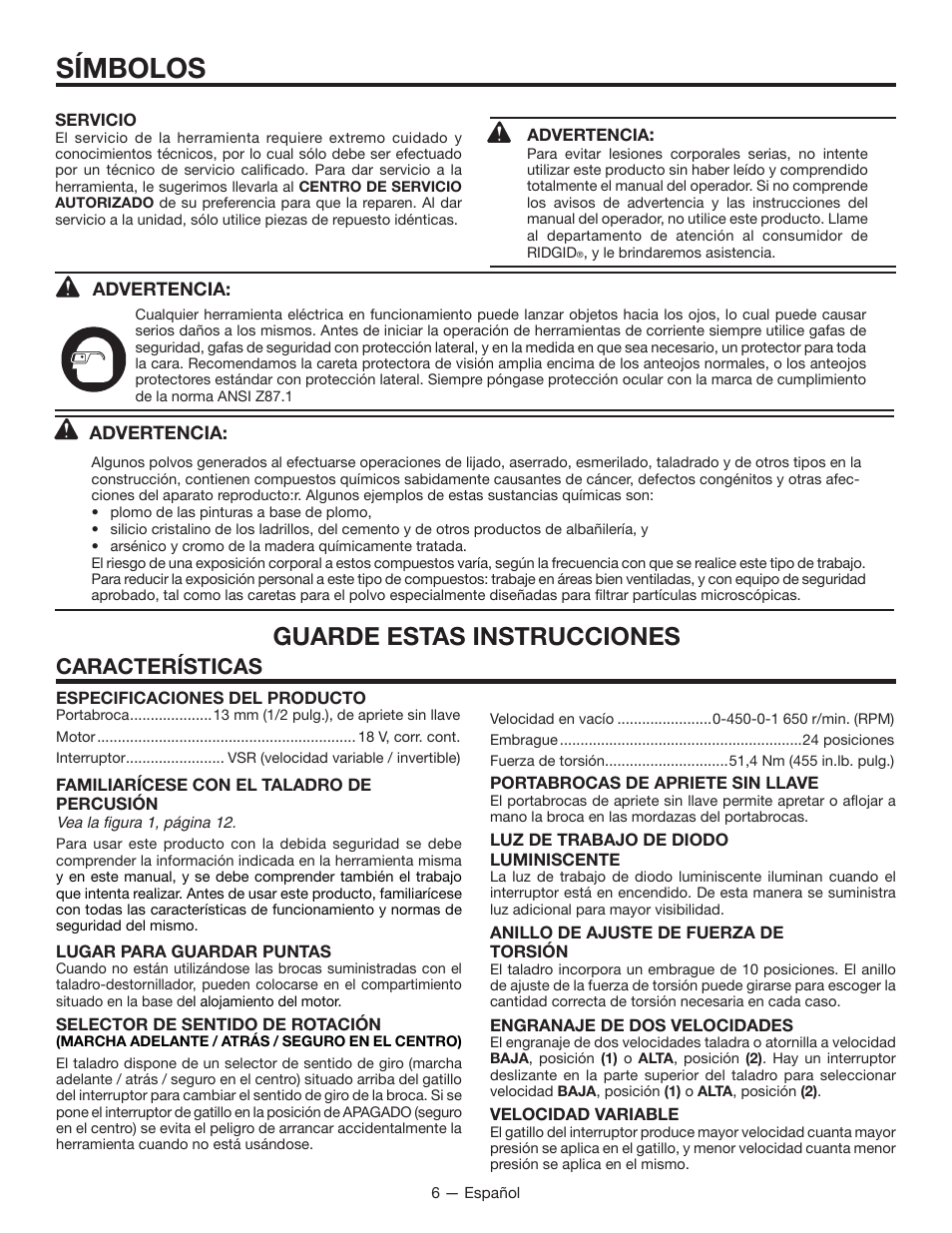 Símbolos, Guarde estas instrucciones, Características | RIDGID R86007 User Manual | Page 24 / 32