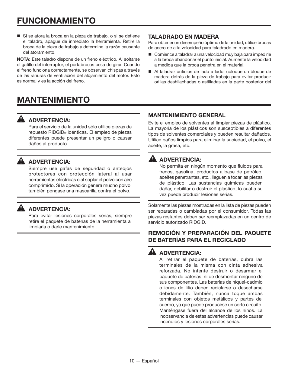 Funcionamiento mantenimiento | RIDGID R86007 User Manual | Page 28 / 32