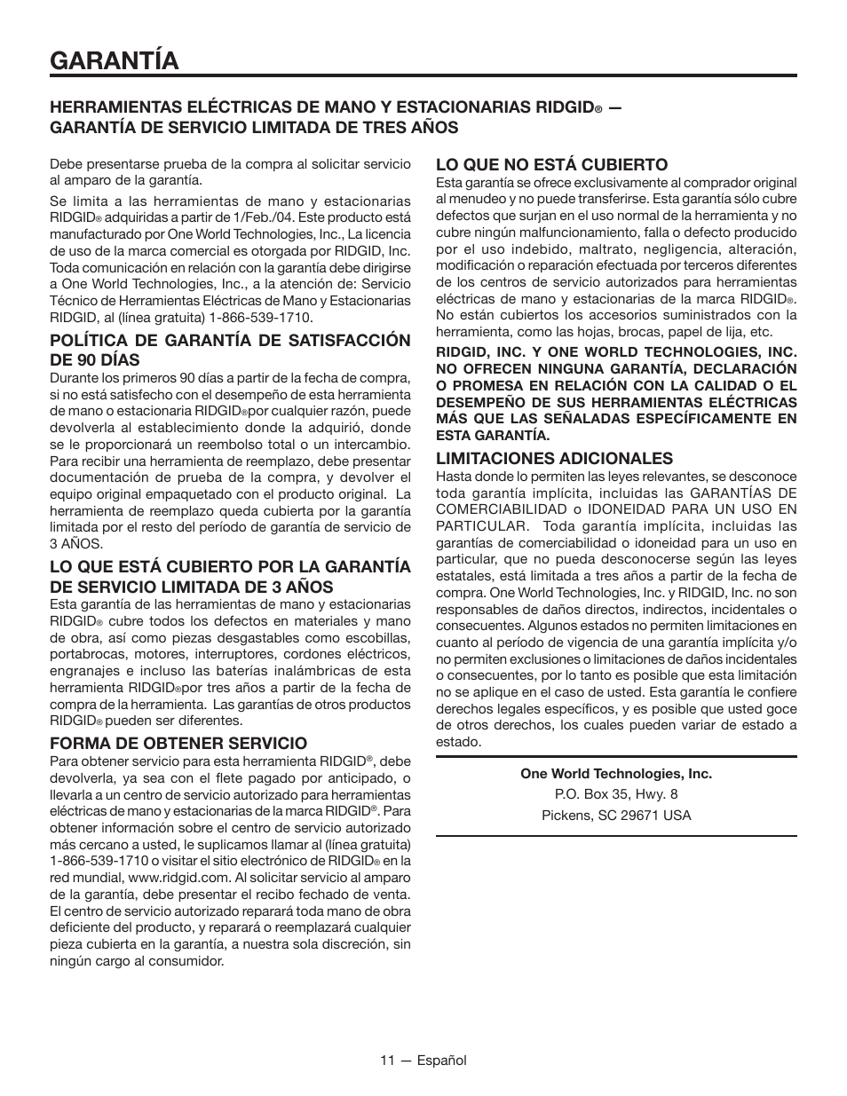 Garantía, Política de garantía de satisfacción de 90 días, Forma de obtener servicio | Limitaciones adicionales | RIDGID R86007 User Manual | Page 29 / 32