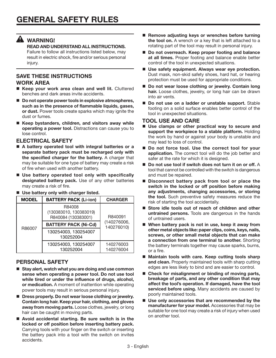 General safety rules | RIDGID R86007 User Manual | Page 3 / 32