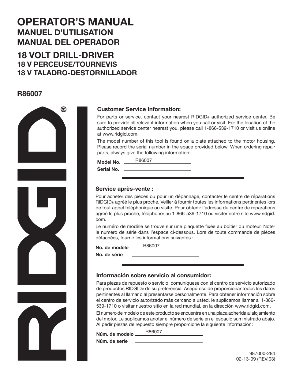 Operator’s manual, 18 volt drill-driver, Manuel d’utilisation manual del operador | RIDGID R86007 User Manual | Page 32 / 32