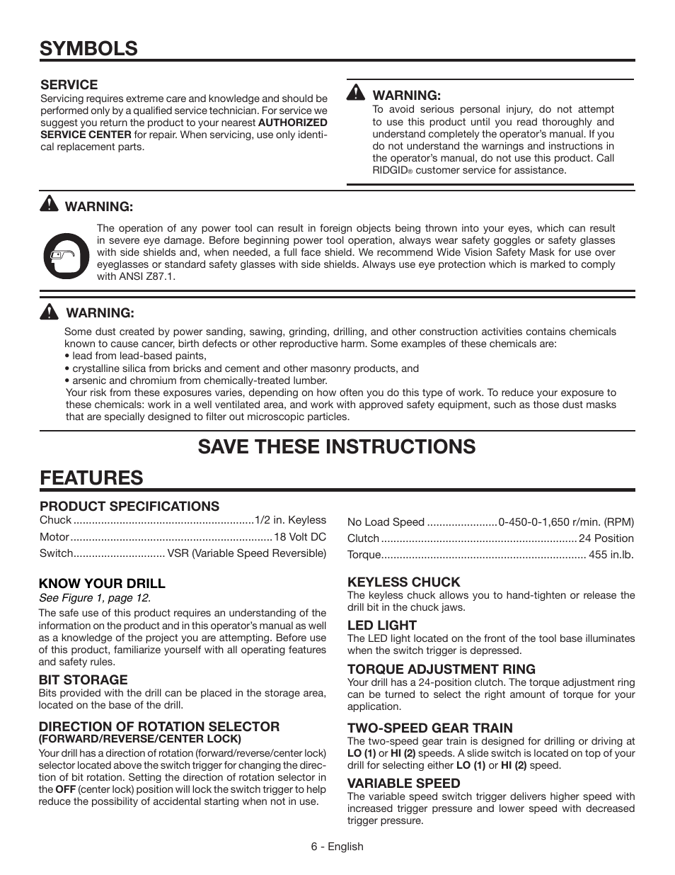 Symbols, Save these instructions, Features | RIDGID R86007 User Manual | Page 6 / 32