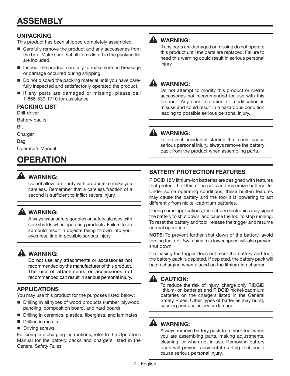 Assembly, Operation | RIDGID R86007 User Manual | Page 7 / 32