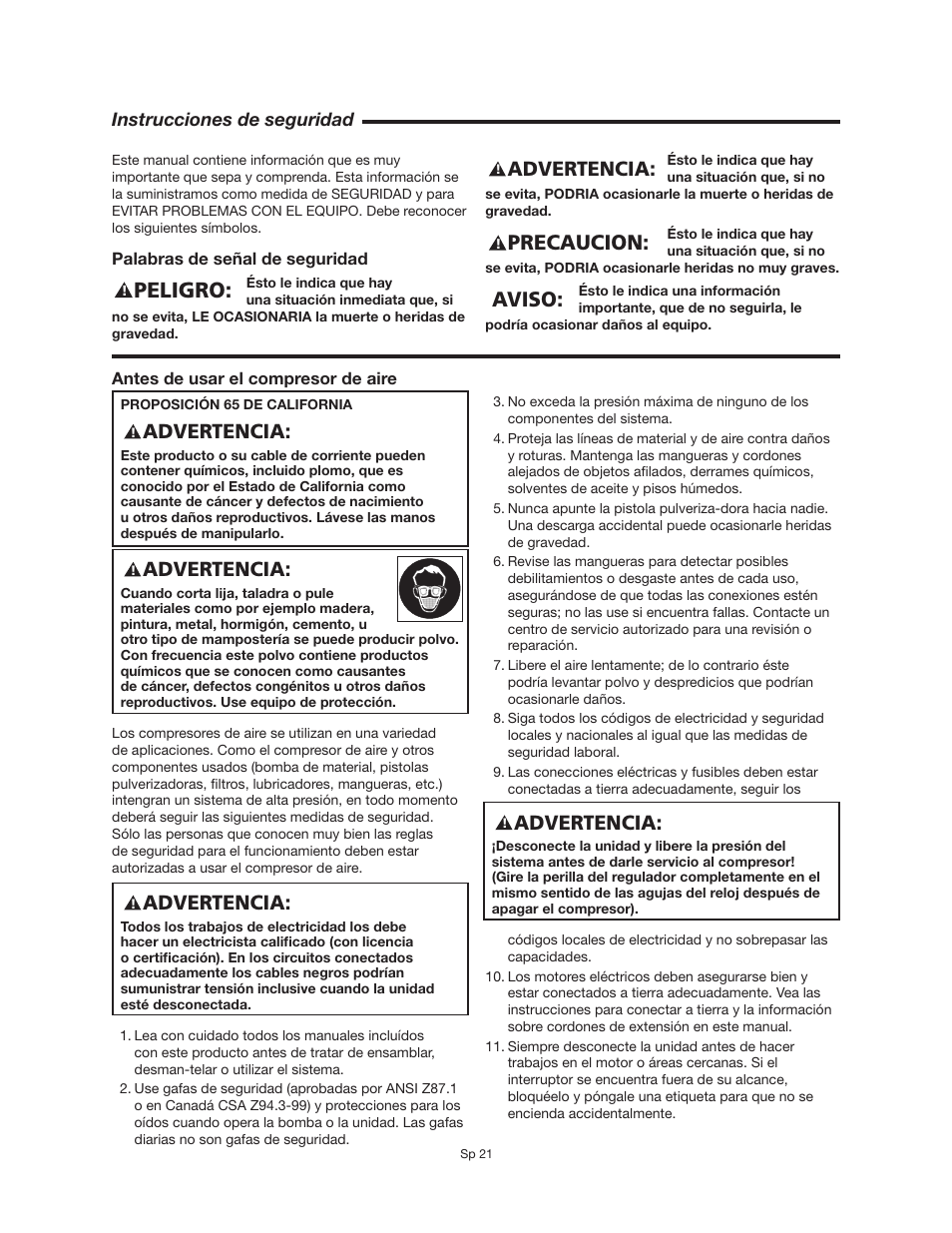 Peligro, Precaucion, Aviso | Advertencia | RIDGID OF25150A User Manual | Page 21 / 56