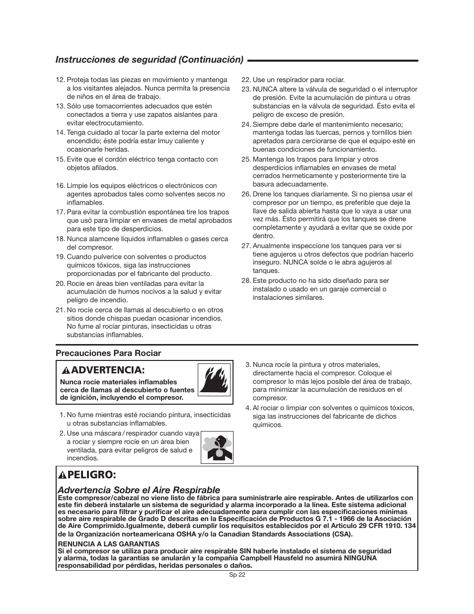 Peligro, Advertencia, Instrucciones de seguridad (continuación) | Advertencia sobre el aire respirable | RIDGID OF25150A User Manual | Page 22 / 56