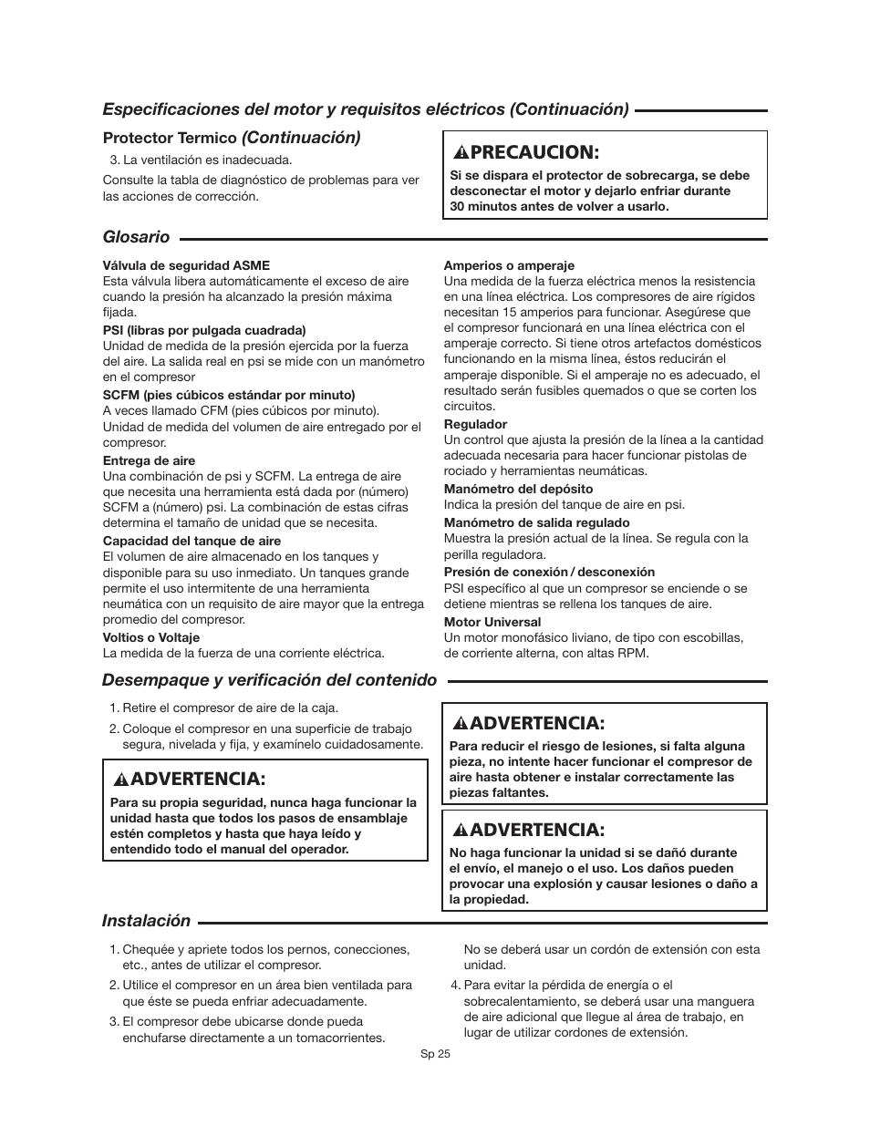 Precaucion, Advertencia | RIDGID OF25150A User Manual | Page 25 / 56