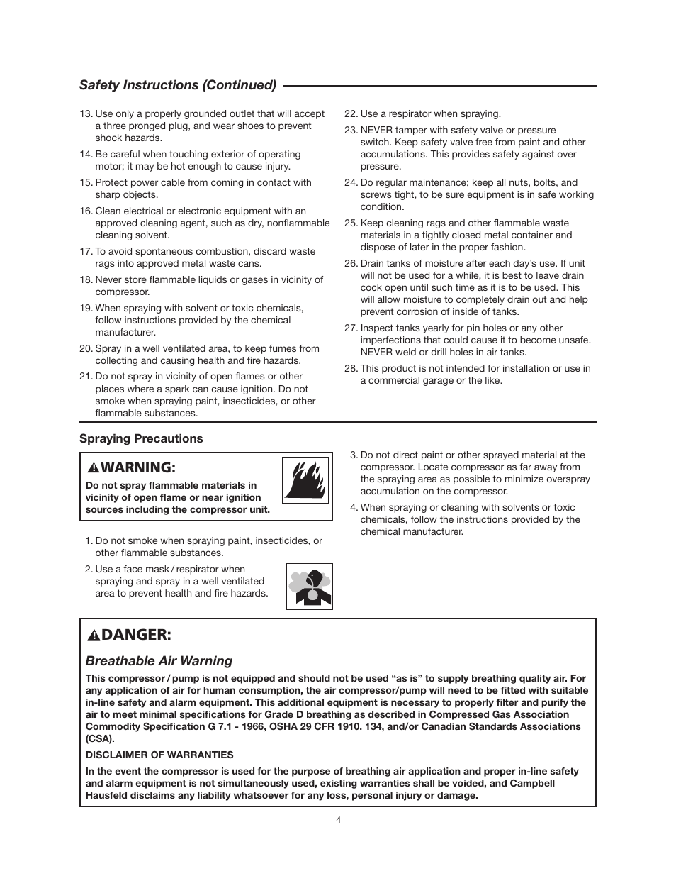Danger, Warning, Safety instructions (continued) | Breathable air warning | RIDGID OF25150A User Manual | Page 4 / 56