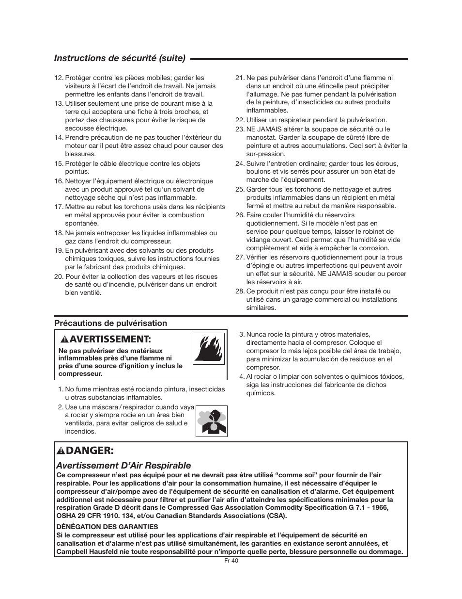 Danger, Avertissement, Instructions de sécurité (suite) | Avertissement d’air respirable | RIDGID OF25150A User Manual | Page 40 / 56