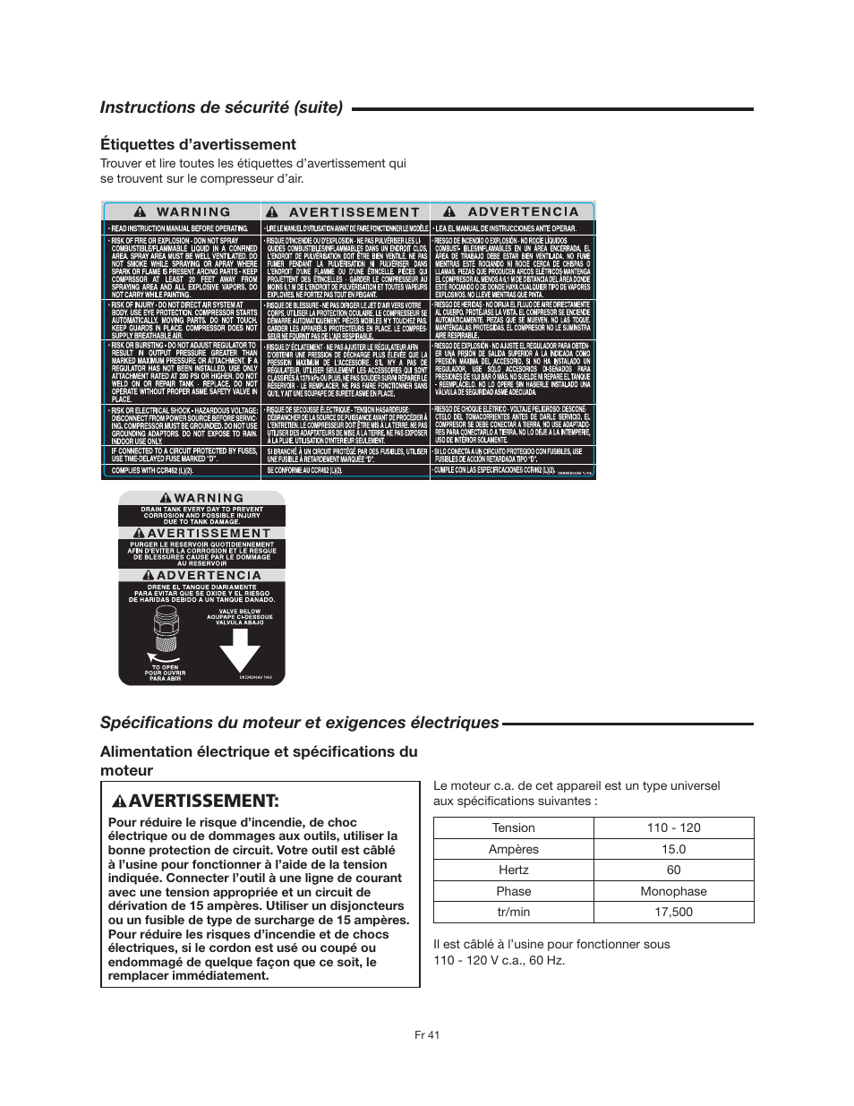 Avertissement, Instructions de sécurité (suite), Spécifications du moteur et exigences électriques | RIDGID OF25150A User Manual | Page 41 / 56