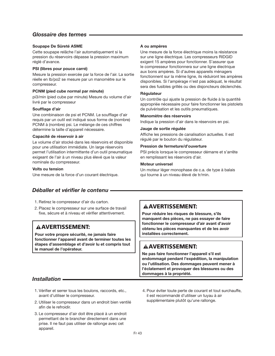Avertissement | RIDGID OF25150A User Manual | Page 43 / 56