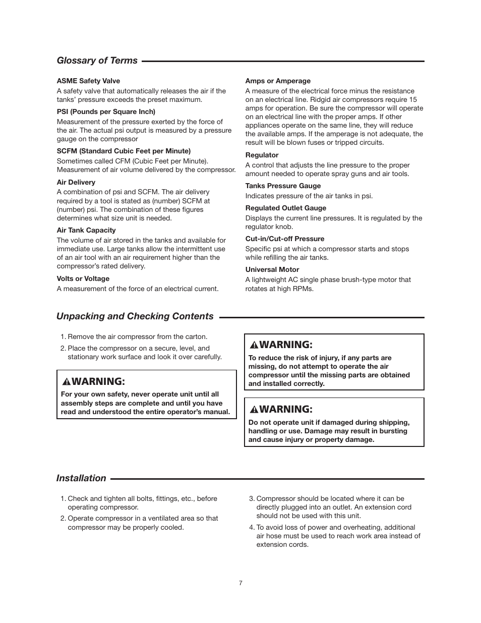 Warning | RIDGID OF25150A User Manual | Page 7 / 56