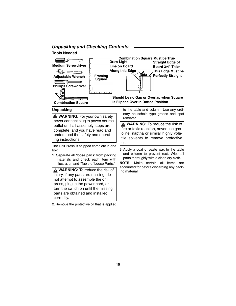 Unpacking and checking contents, Tools needed, Unpacking | RIDGID SP6490 User Manual | Page 10 / 40