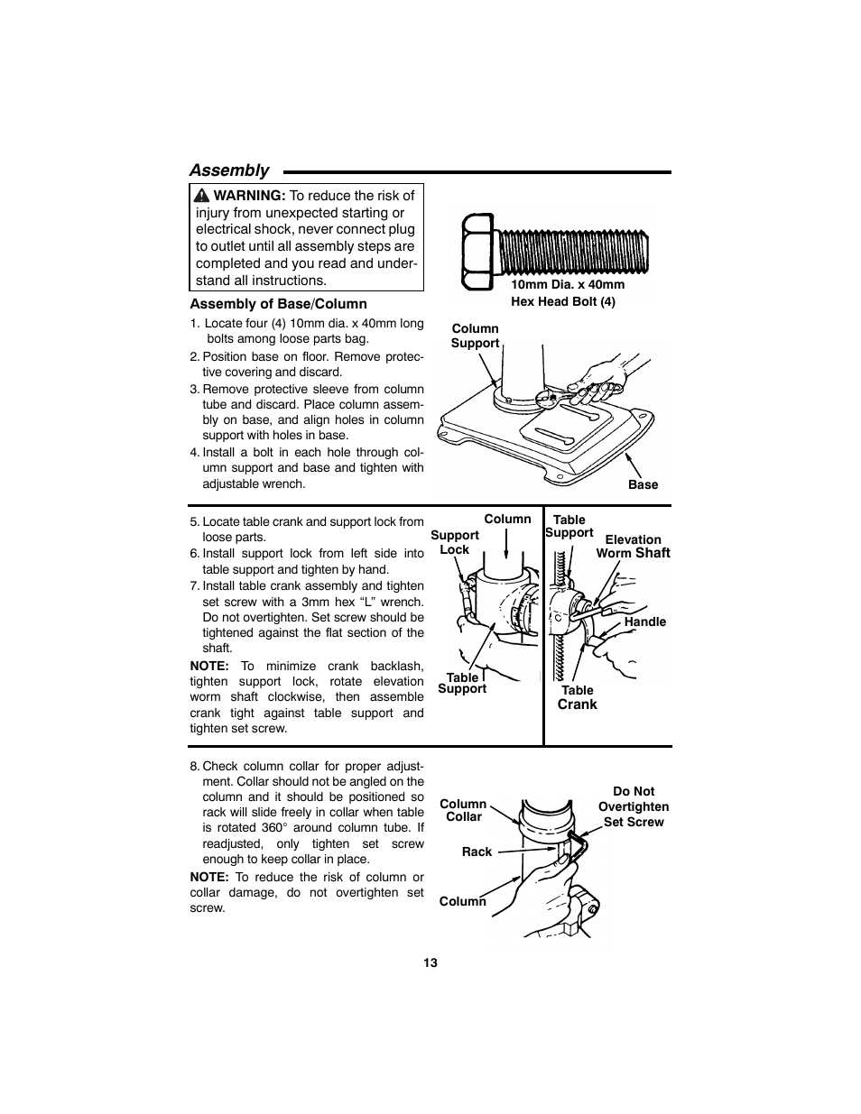 Assembly, Assembly of base/column | RIDGID SP6490 User Manual | Page 13 / 40