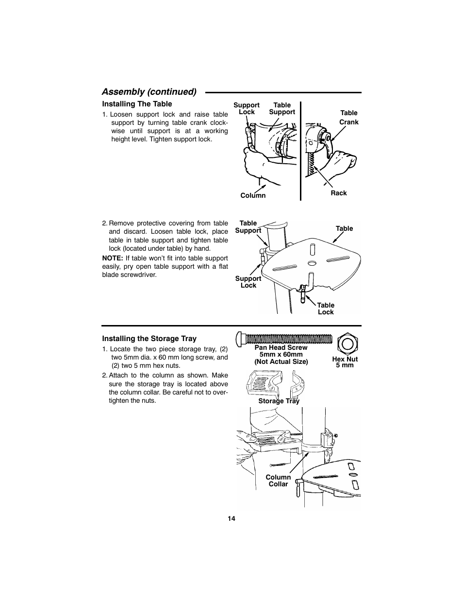 Assembly (continued), Installing the table, Installing the storage tray | RIDGID SP6490 User Manual | Page 14 / 40