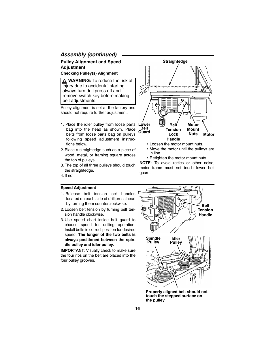 Assembly (continued), Pulley alignment and speed adjustment, If not | RIDGID SP6490 User Manual | Page 16 / 40