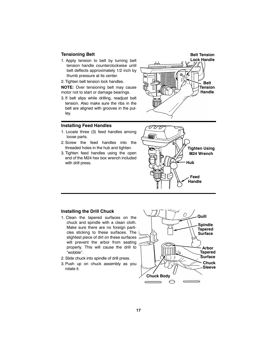 Tensioning belt, Tighten belt tension lock handles, Installing feed handles | Locate three (3) feed handles among loose parts, Installing the drill chuck, Slide chuck into spindle of drill press, Push up on chuck assembly as you rotate it | RIDGID SP6490 User Manual | Page 17 / 40