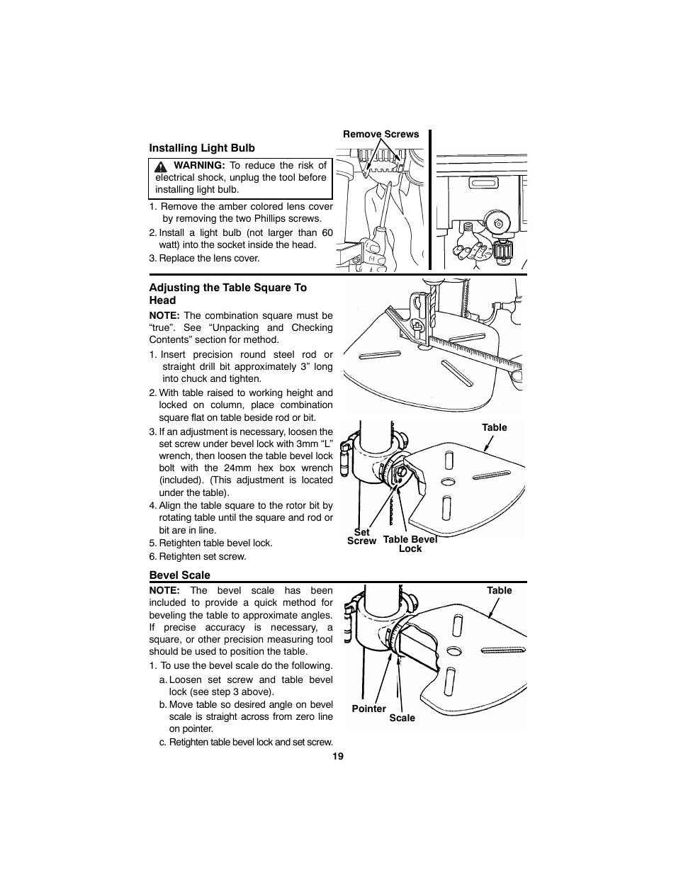 Installing light bulb, Replace the lens cover, Adjusting the table square to head | Retighten table bevel lock, Retighten set screw, Bevel scale, To use the bevel scale do the following, C. retighten table bevel lock and set screw | RIDGID SP6490 User Manual | Page 19 / 40