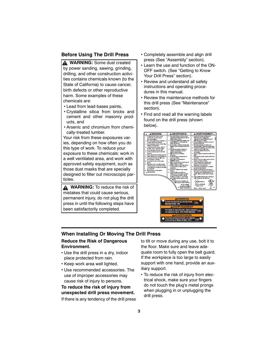 When installing or moving the drill press | RIDGID SP6490 User Manual | Page 3 / 40