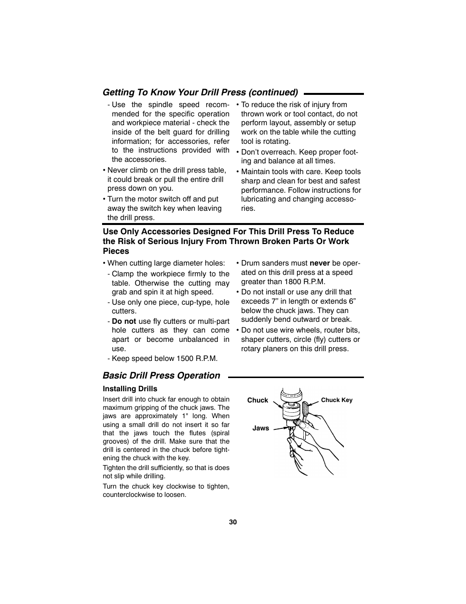 Getting to know your drill press (continued), Basic drill press operation | RIDGID SP6490 User Manual | Page 30 / 40