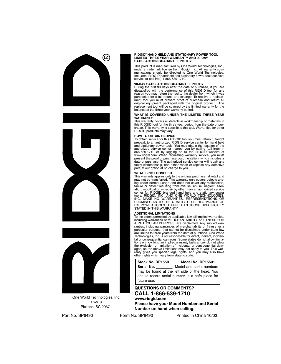 RIDGID SP6490 User Manual | Page 40 / 40