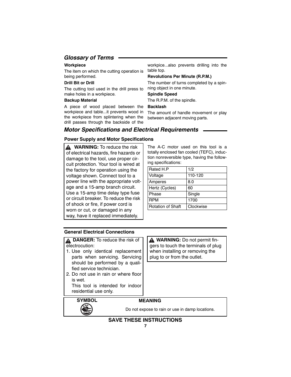 Glossary of terms, Motor specifications and electrical requirements, Power supply and motor specifications | Rated h.p, Voltage, Amperes, Hertz (cycles), Phase, Single, Rotation of shaft | RIDGID SP6490 User Manual | Page 7 / 40