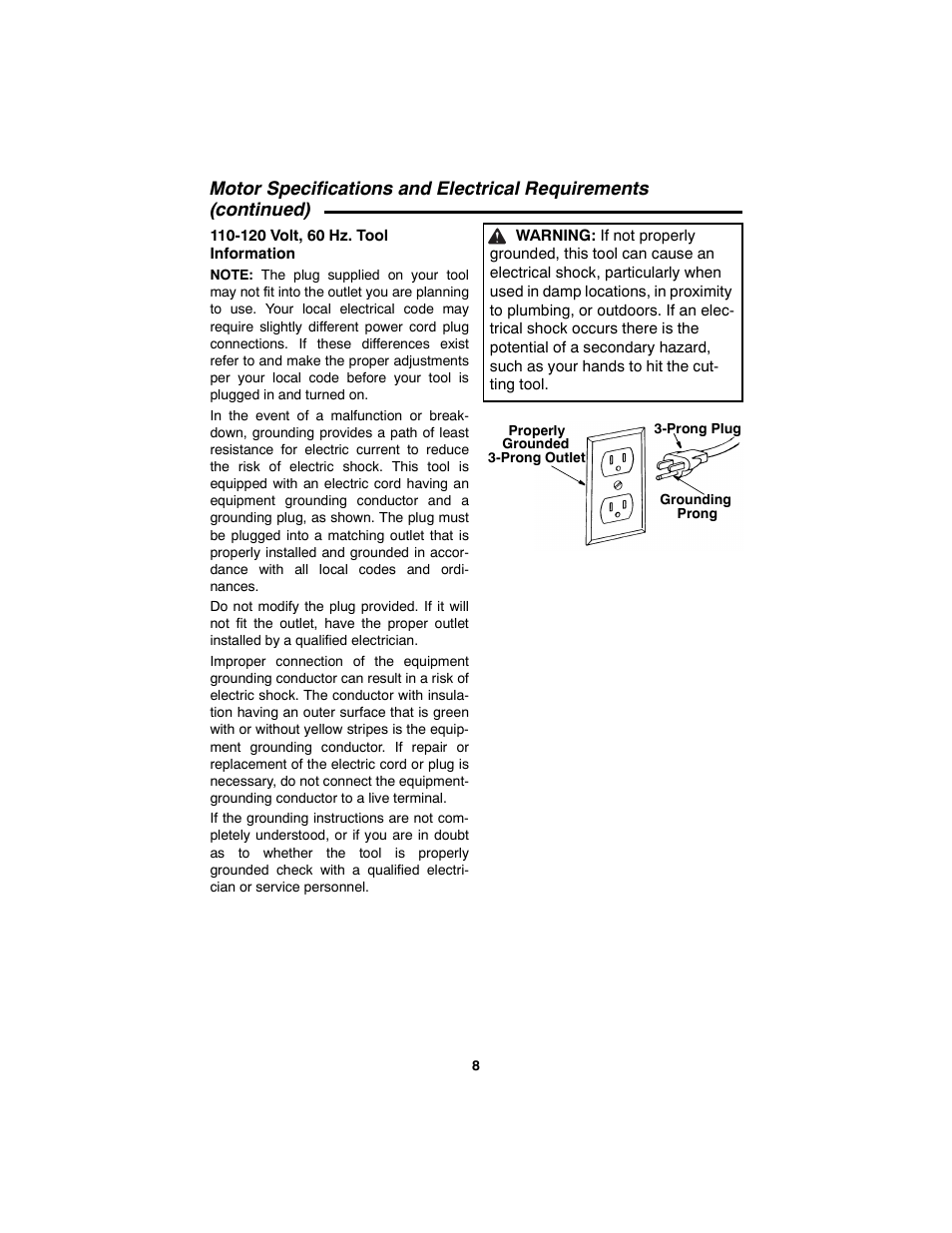 Motor specifications and electrical requirements, Continued), 120 volt, 60 hz. tool information | RIDGID SP6490 User Manual | Page 8 / 40