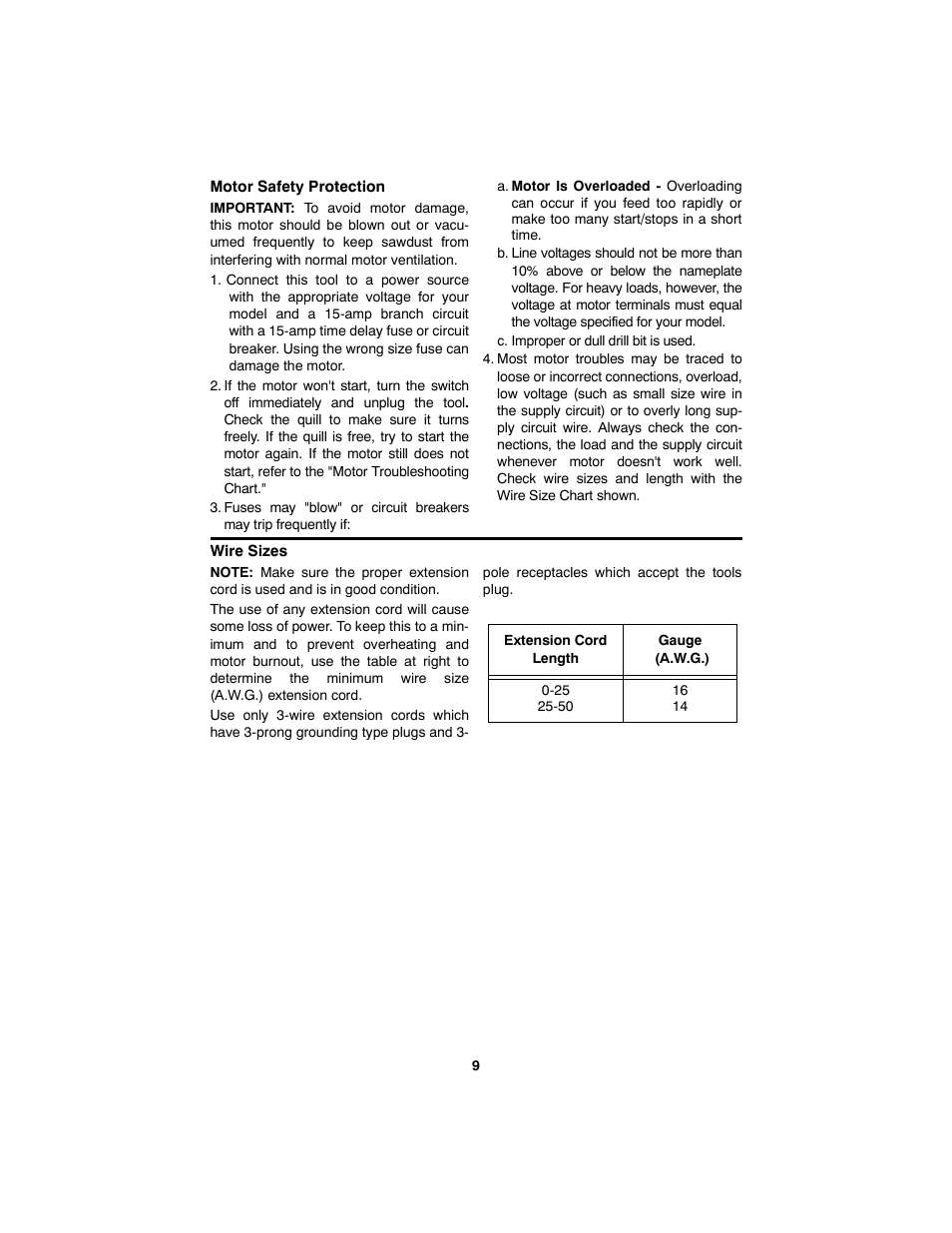 Motor safety protection, C. improper or dull drill bit is used, Wire sizes | RIDGID SP6490 User Manual | Page 9 / 40