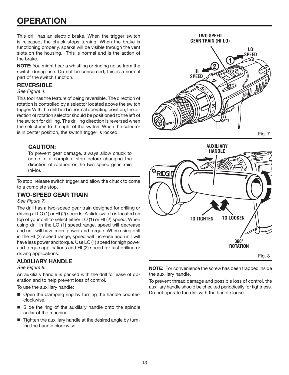 Operation | RIDGID R8411501 User Manual | Page 13 / 22