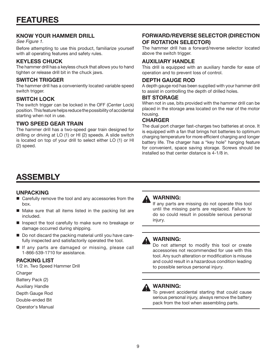 Features, Assembly | RIDGID R8411501 User Manual | Page 9 / 22